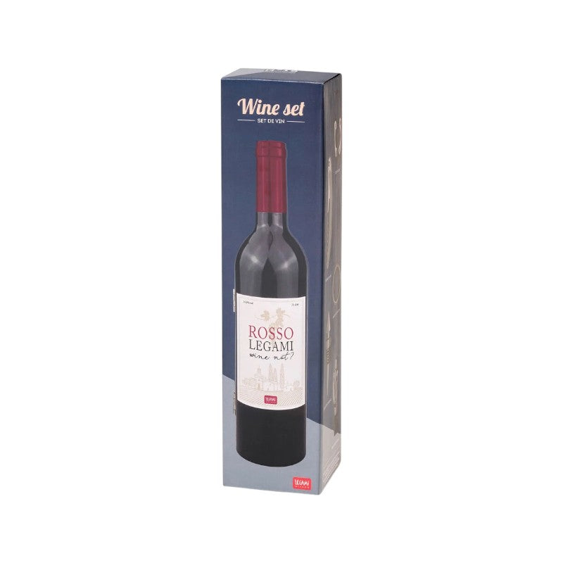 Set regalo sommelier Legami 5 pezzi in custodia a bottiglia: cavatappi, salvagoccia, versatore e altri accessori in acciaio. Idea regalo su Viano Shop!