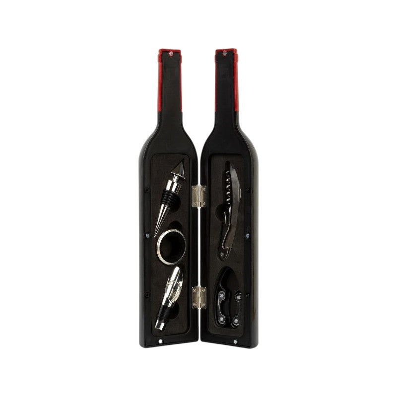 Set regalo sommelier Legami 5 pezzi in custodia a bottiglia: cavatappi, salvagoccia, versatore e altri accessori in acciaio. Idea regalo su Viano Shop!