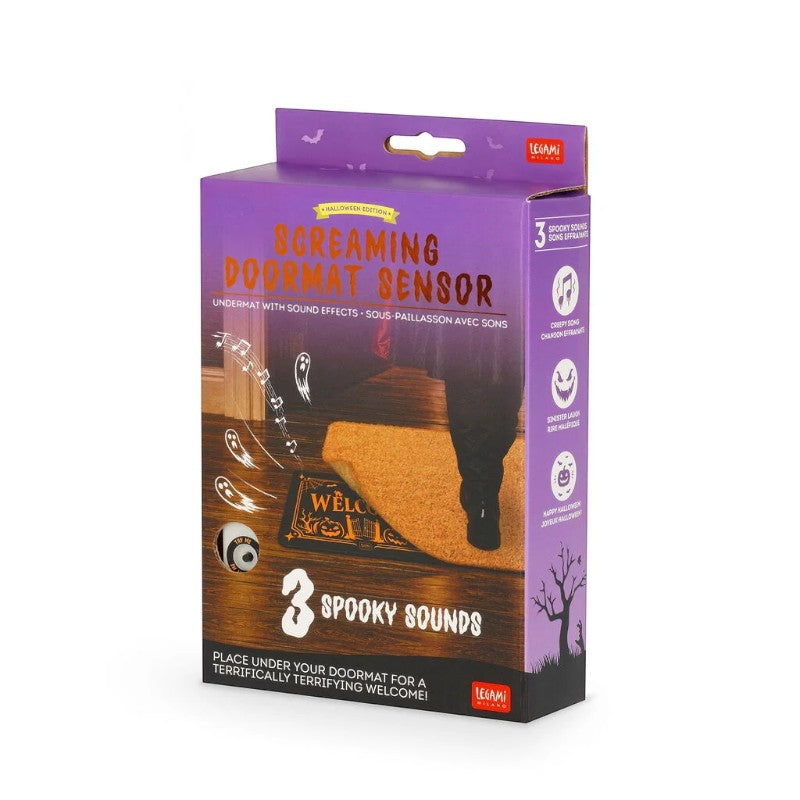 Screaming Doormat Sensor Legami: sotto-zerbino sonoro con 3 suoni spettrali attivati a pressione. Lo scherzo Halloween perfetto! Scoprilo