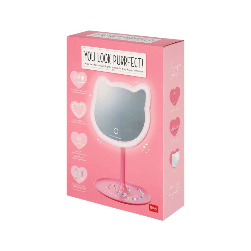 Specchio trucco luminoso Legami Gatto You Look Purrfect con luce LED regolabile, tasto touch e base portaoggetti. Su Viano Shop!