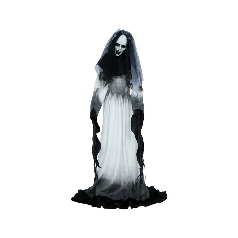 Sposa fantasma decorativa di Halloween con velo e occhi rossi luminosi: figura horror d’effetto per feste e case infestate. Scoprila su Viano Shop!