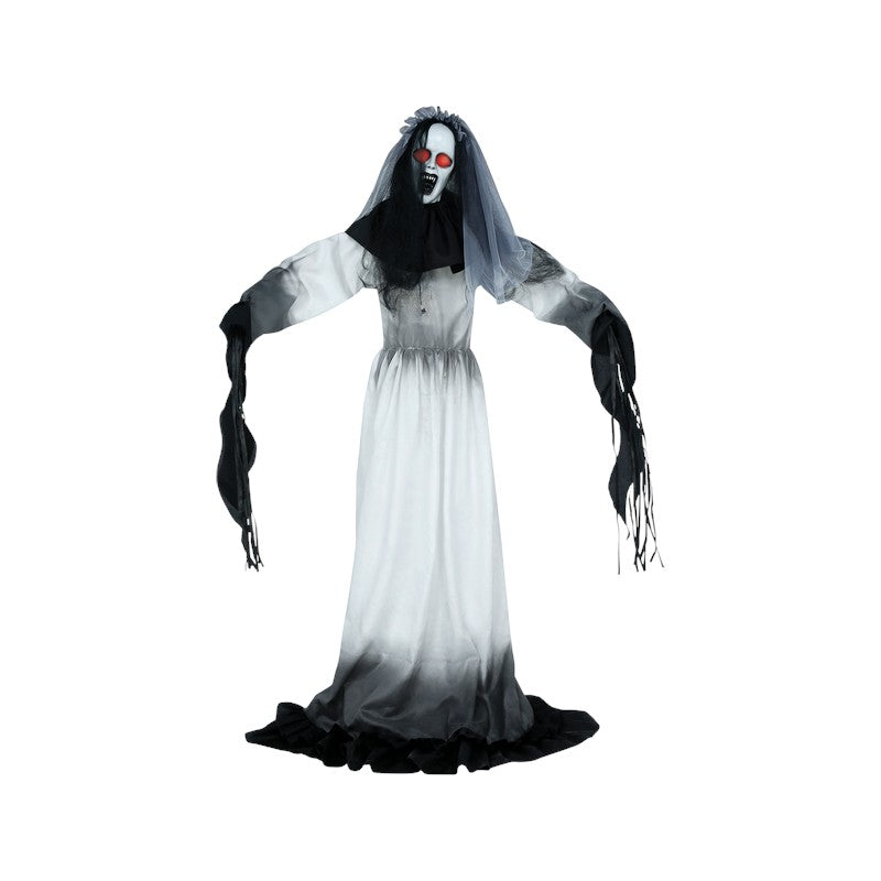 Sposa fantasma decorativa di Halloween con velo e occhi rossi luminosi: figura horror d’effetto per feste e case infestate. Scoprila su Viano Shop!