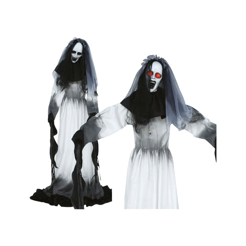 Sposa fantasma decorativa di Halloween con velo e occhi rossi luminosi: figura horror d’effetto per feste e case infestate. Scoprila su Viano Shop!