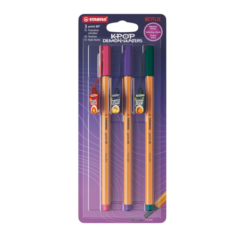 Set 3 fineliner STABILO point 88 KPop Demon Hunters con charm di Rumi, Mira e Zoey, punta 0,4 mm per scrittura precisa. Scoprili su Viano Shop!