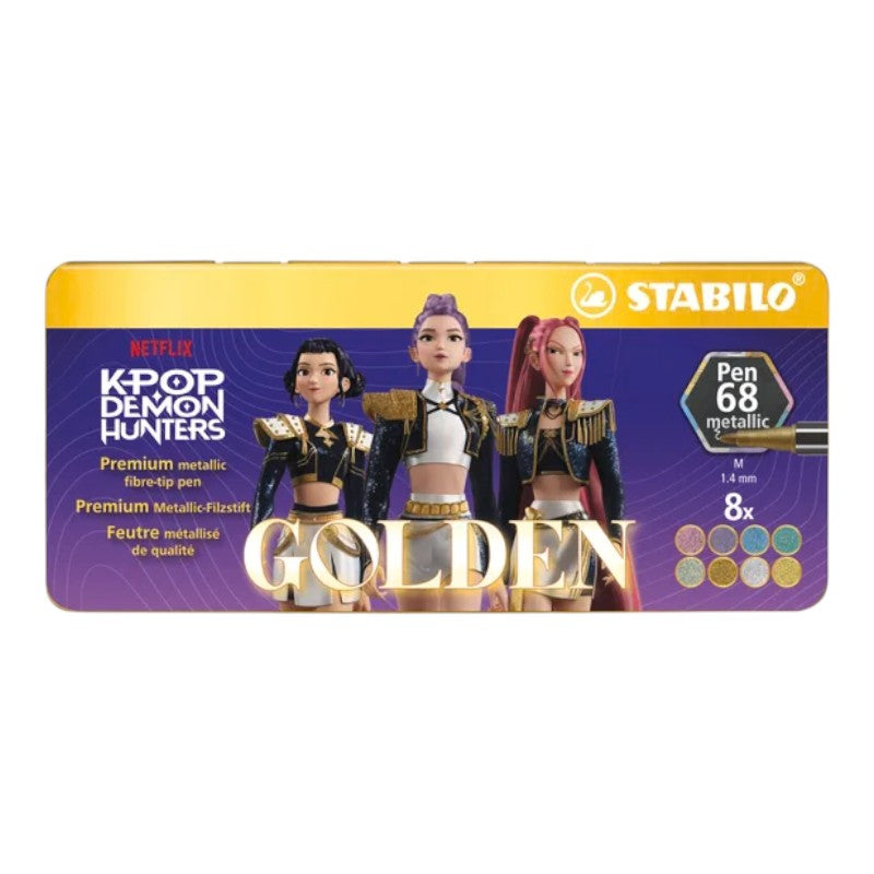 Set 8 pennarelli metallici STABILO Pen 68 KPop Demon Hunters in scatola di latta Golden: colori brillanti per disegni e lettering. Scoprilo su Viano Shop!