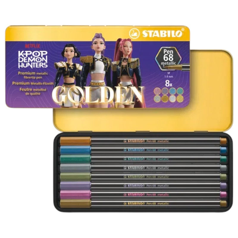 Set 8 pennarelli metallici STABILO Pen 68 KPop Demon Hunters in scatola di latta Golden: colori brillanti per disegni e lettering. Scoprilo su Viano Shop!