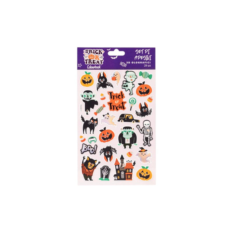 Adesivi Halloween Colourbook Trick or Treat: sticker 3D olografici e fosforescenti con zucche, fantasmi e mostri kawaii. Scoprili su Viano Shop!