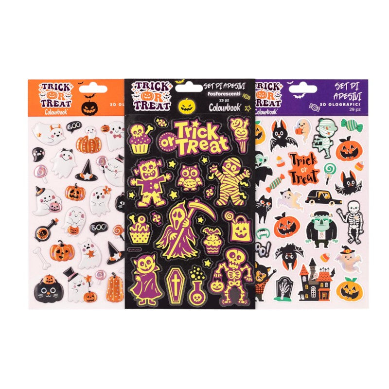 Adesivi Halloween Colourbook Trick or Treat: sticker 3D olografici e fosforescenti con zucche, fantasmi e mostri kawaii. Scoprili su Viano Shop!