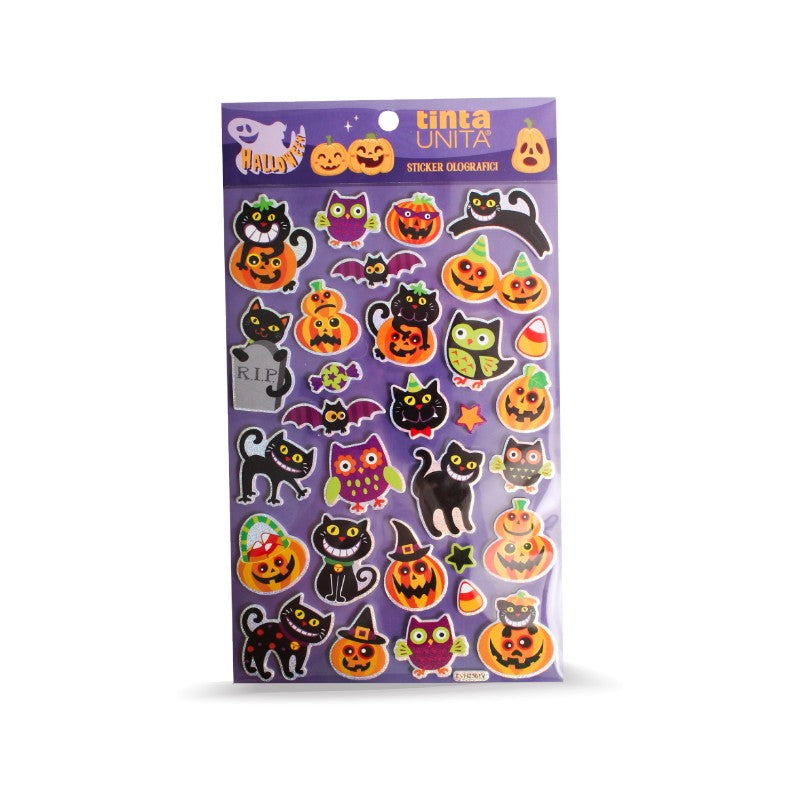 Vetrofania Halloween Tinta Unita: sticker olografici, glitter o fosforescenti puffy con zucche, gatti e fantasmi. Scoprili su Viano Shop!