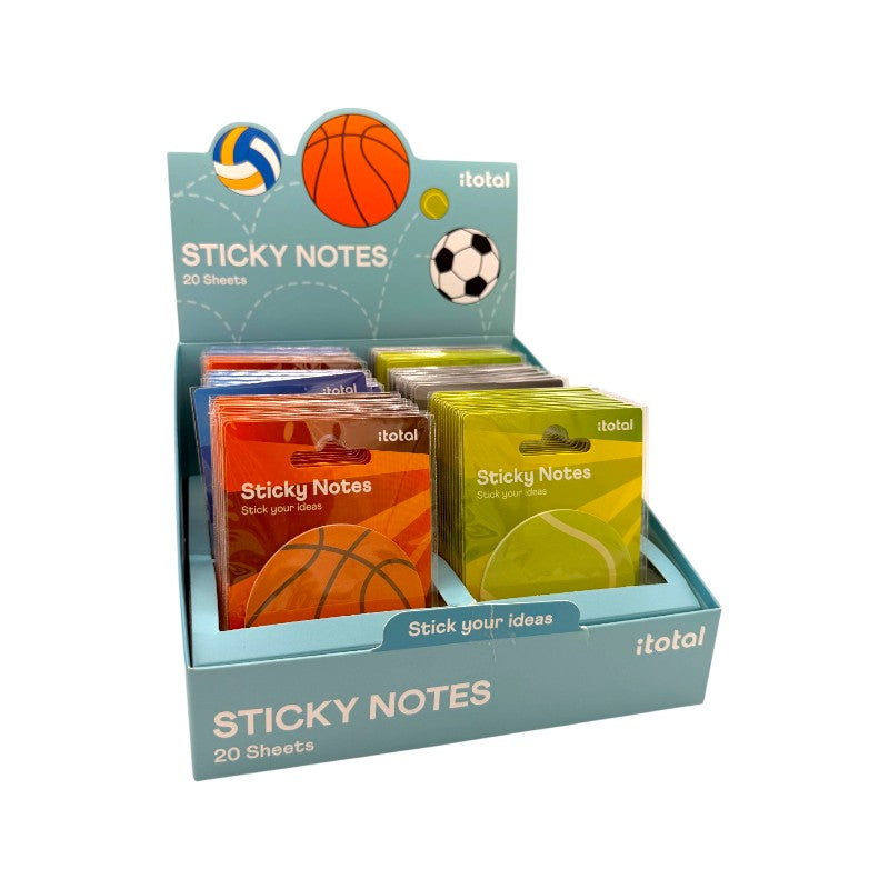 Sticky notes sport I-Total — 20 foglietti adesivi 74x76 mm, tema basket, calcio, volley e tennis. Regalo originale per sportivi di ogni età.