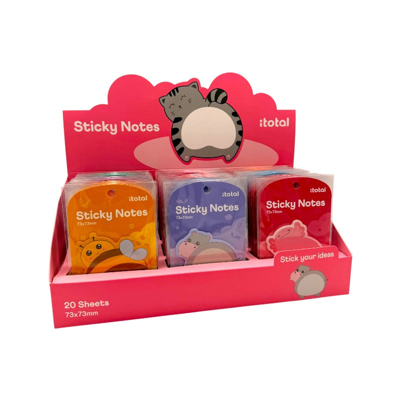 Sticky notes animali kawaii I-Total — 20 foglietti adesivi 73x73 mm, soggetti ape, gatto, ippopotamo. Regalo tenero per bambini e non solo. 