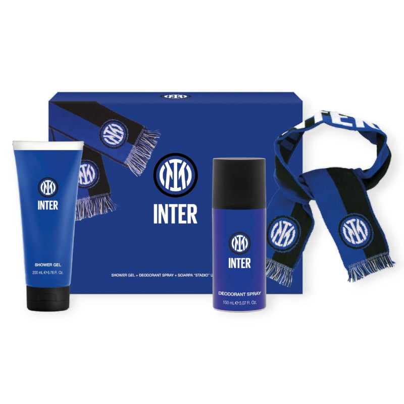 Bellissimo cofanetto regalo Inter fc composto da un deodorante, una sciarpa ufficiale ed un docciaschiuma