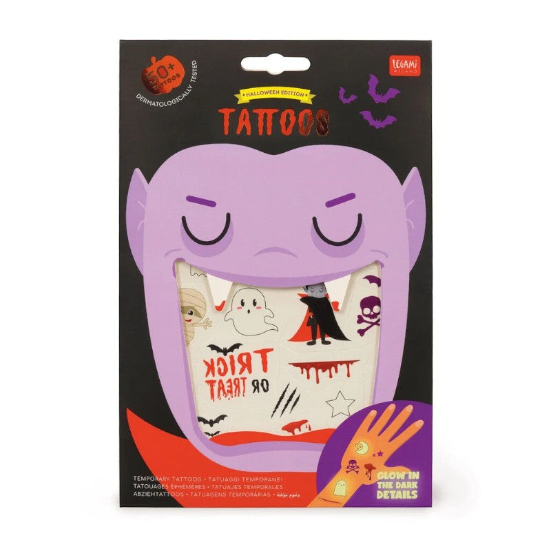 Tatuaggi temporanei Legami Spooky Vibes: 50+ soggetti Halloween, glow in the dark, dermatologicamente testati. Edizione limitata!
