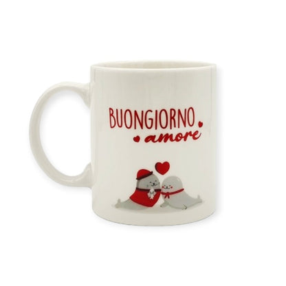 Fantastica tazza bianca in ceramica di altissima qualità con scritta Buongiorno Amore e disegno Love. Ottima idea regalo Innamorati