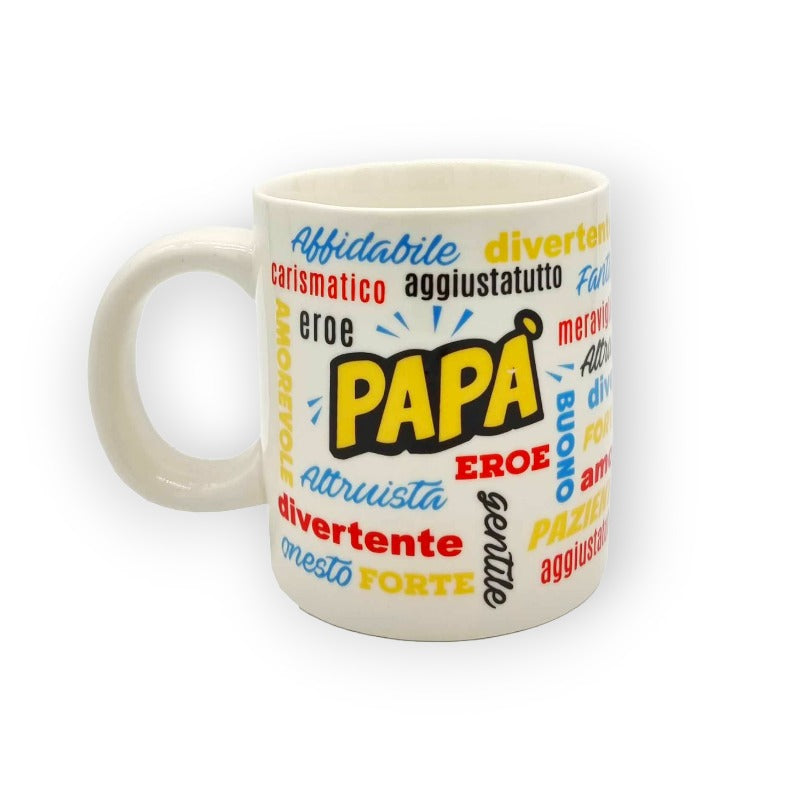 Festa del papà tazza in ceramica bianca con manico blu Aggettivi papà