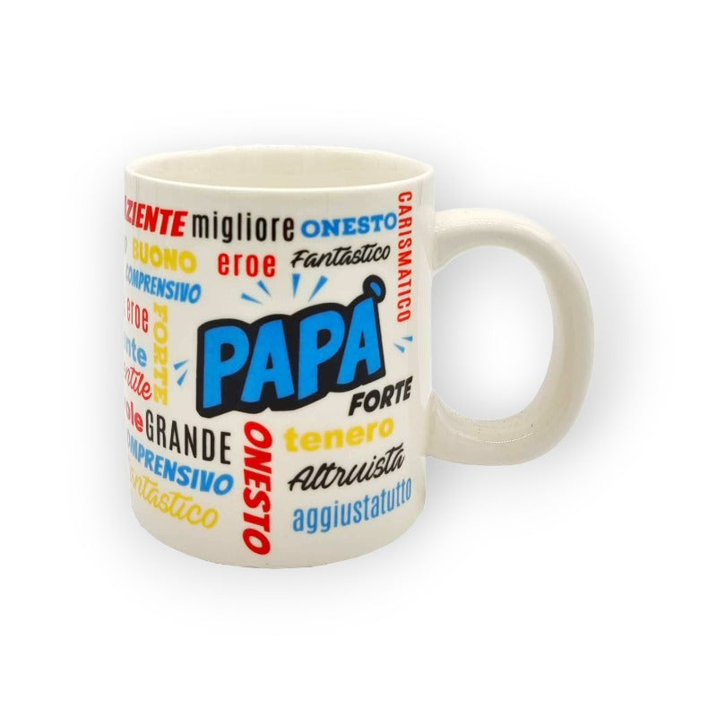 Festa del papà tazza in ceramica bianca con manico blu Aggettivi papà