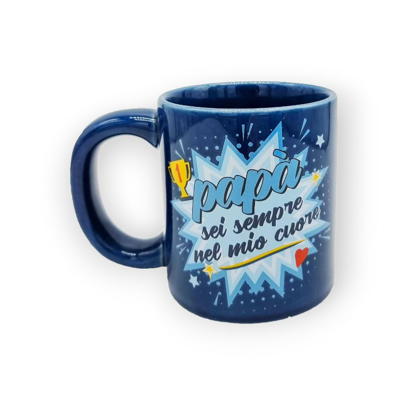 Festa del papà tazza in ceramica blu "Papà sei sempre nel mio cuore"