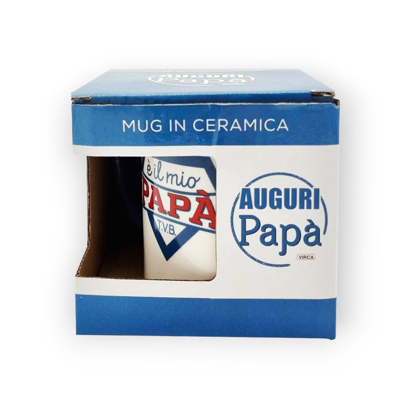 Festa del papà tazza in ceramica bianca con manico blu "Il mio supereroe preferito è il mio papà"