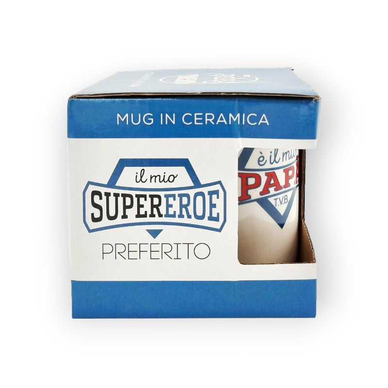 Festa del papà tazza in ceramica bianca con manico blu "Il mio supereroe preferito è il mio papà"