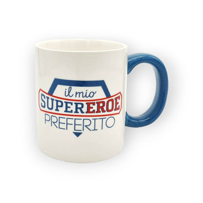 Festa del papà tazza in ceramica bianca con manico blu "Il mio supereroe preferito è il mio papà"