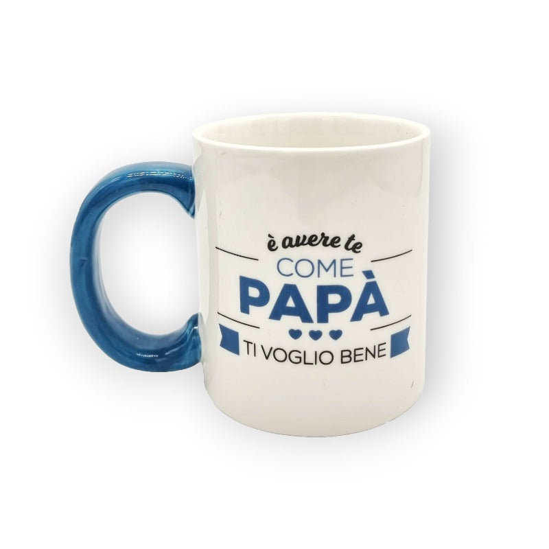 Festa del papà tazza in ceramica bianca con manico blu "La mia grande fortuna è avere un papà come te"