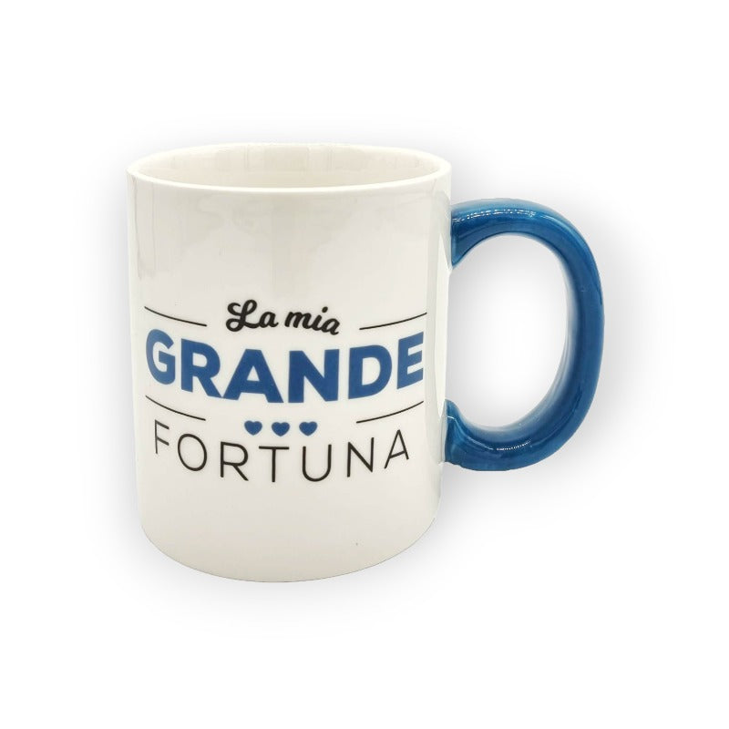 Festa del papà tazza in ceramica bianca con manico blu "La mia grande fortuna è avere un papà come te"