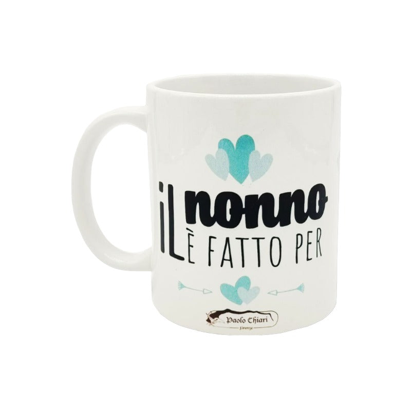 Tazza regalo per la festa dei nonni. Fatta in ceramica bianca di altissima qualità con la scritta "il nonno è fatto per...amare, giocare ed aggiustare le cose"