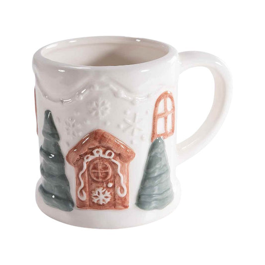 Bellissima tazza in ceramica di altissima qualità con alberi e casette natalizie in rilievo