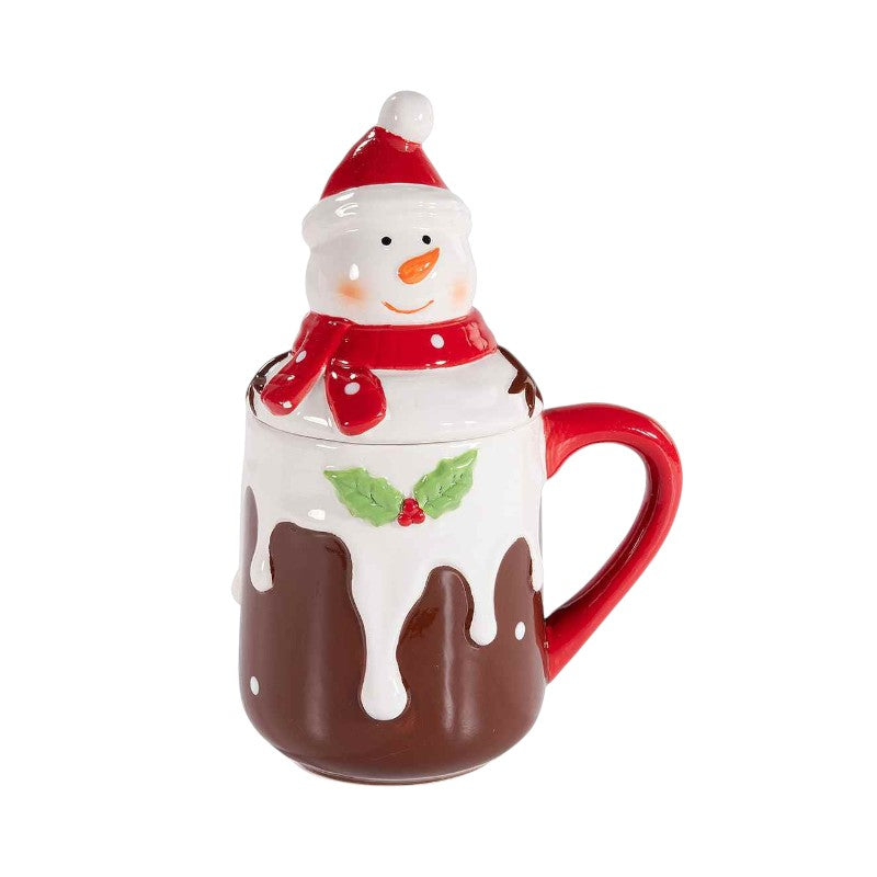Bellissima tazza in ceramica natalizia a tema pupazzo di neve con coperchio