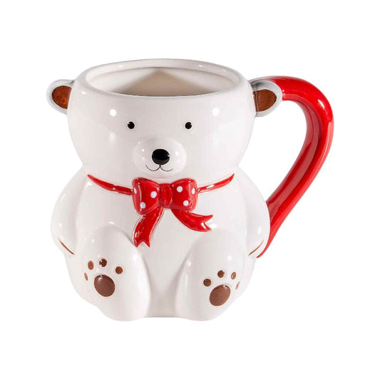 Bellissima tazza in ceramica natalizia a forma di orso polare con una fiocco rosso