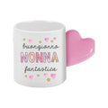 Bellissima tazzina da espresso per le festa dei nonni con il manico a forma di cuore rosa e la scritta "Buongiorno Nonna Fantastica"