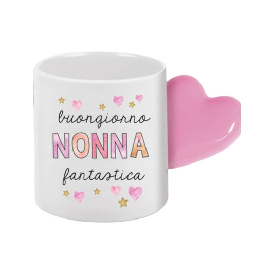 Bellissima tazzina da espresso per le festa dei nonni con il manico a forma di cuore rosa e la scritta "Buongiorno Nonna Fantastica"