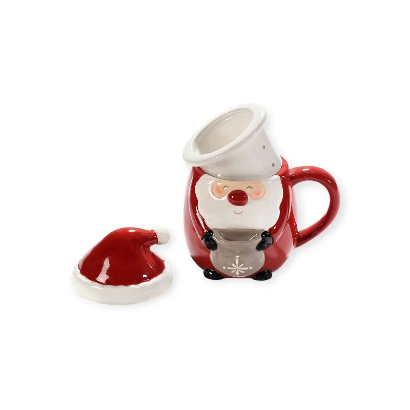 Bellissima tazza tisaniera in ceramica di altissima qualità a forma di Babbo Natale, con filtro e coperchio.