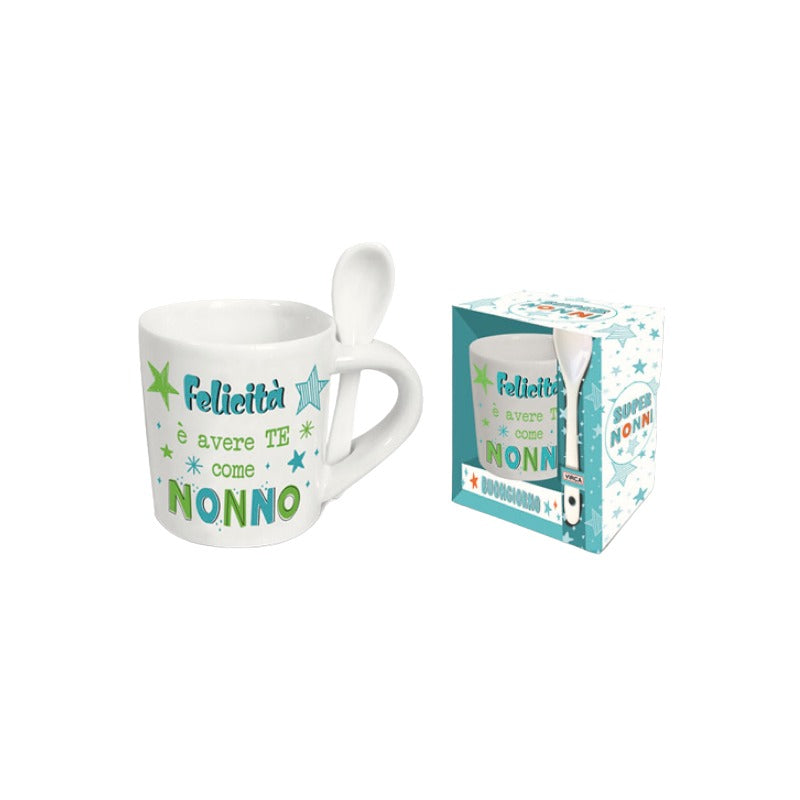 Bellissima tazzina da caffè in ceramica di altissima qualità con cucchiaino. Ottima come idea regalo per la festa dei nonni.