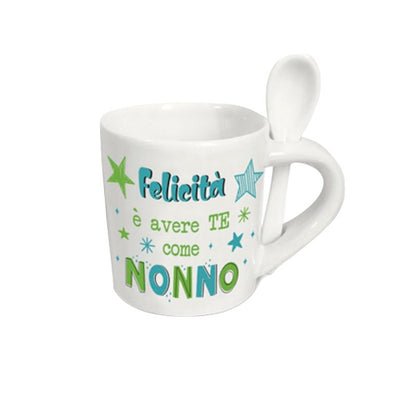 Bellissima tazzina da caffè in ceramica di altissima qualità con cucchiaino. Ottima come idea regalo per la festa dei nonni.