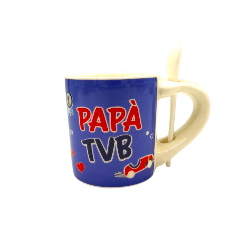 Tazzina da caffè con cucchiaino per la festa del papà, blu con la scritta Papaà TVB.