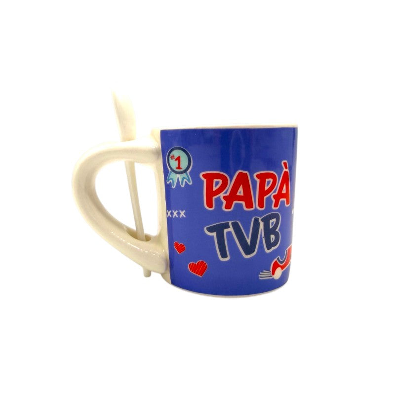 Tazzina da caffè con cucchiaino per la festa del papà, blu con la scritta Papaà TVB.