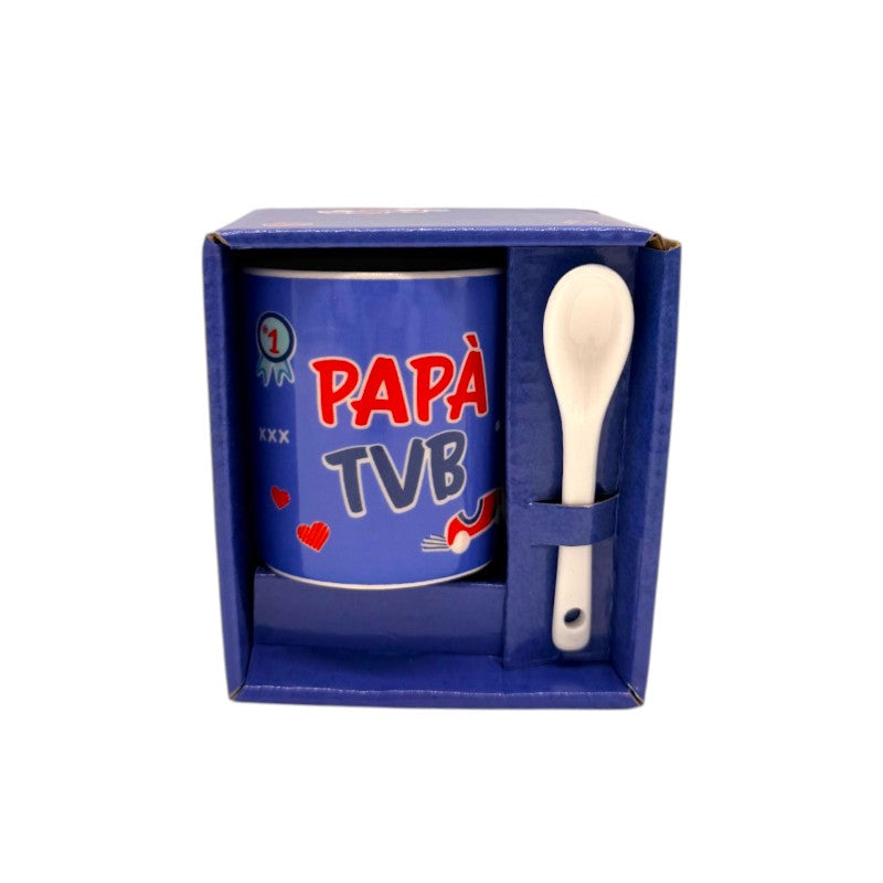 Tazzina da caffè con cucchiaino per la festa del papà, blu con la scritta Papaà TVB.