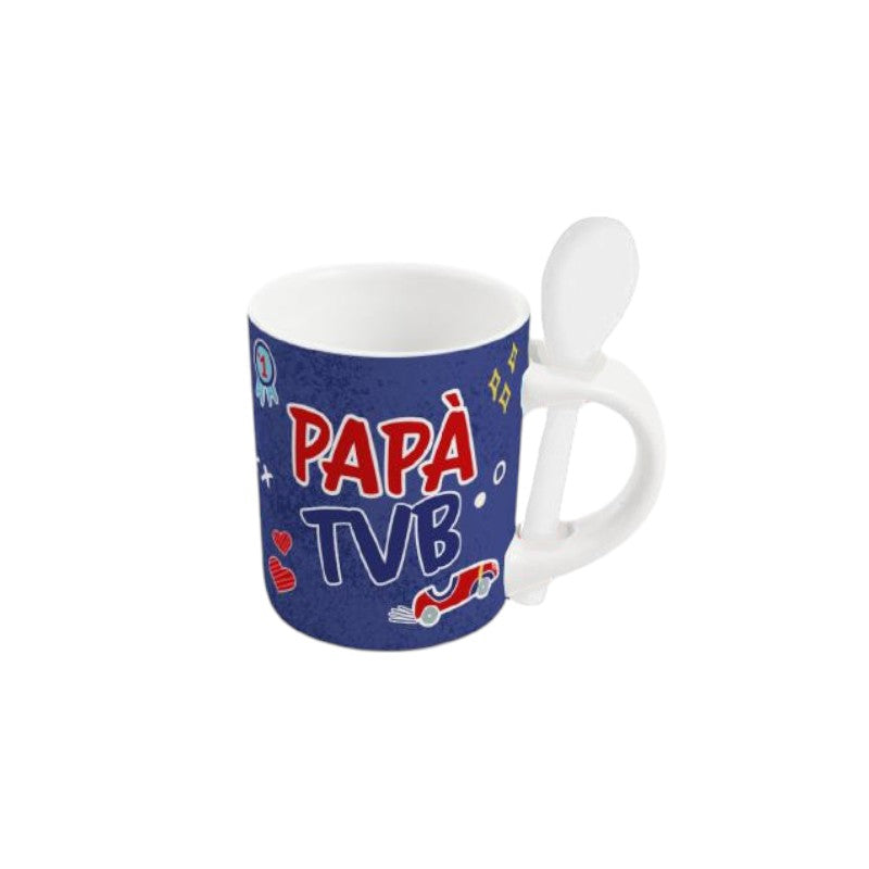 Tazzina da caffè con cucchiaino per la festa del papà, blu con la scritta Papaà TVB.