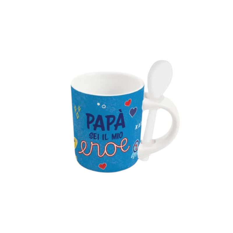 Tazzina regalo festa del papà con cucchiaino e scatola regalo inclusa. Azzurra con la scritta Papà sei il mio eroe.