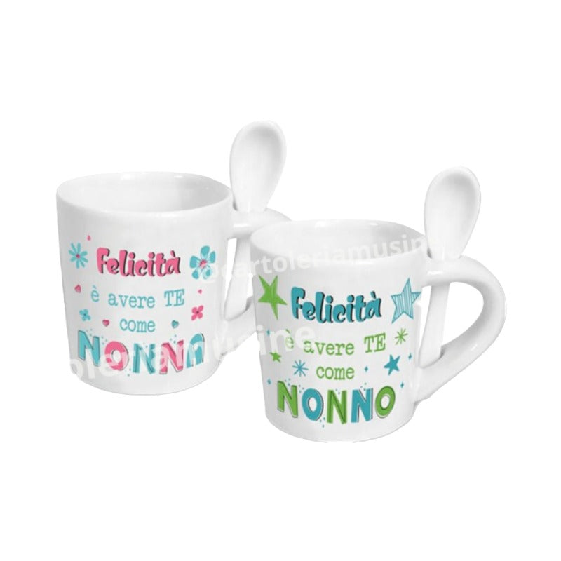 Bellissimo set composto da due tazzine da caffè in ceramica di altissima qualità con cucchiaino. Ottima come idea regalo per la festa dei nonni