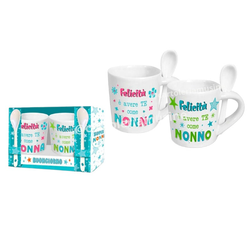 Bellissimo set composto da due tazzine da caffè in ceramica di altissima qualità con cucchiaino. Ottima come idea regalo per la festa dei nonni