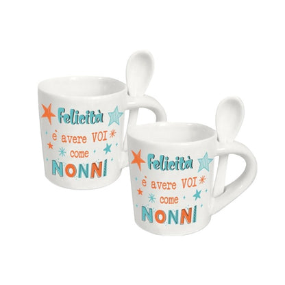 Bellissimo set composto da due tazzine da caffè in ceramica di altissima qualità con cucchiaino. Ottima come idea regalo per la festa dei nonni.