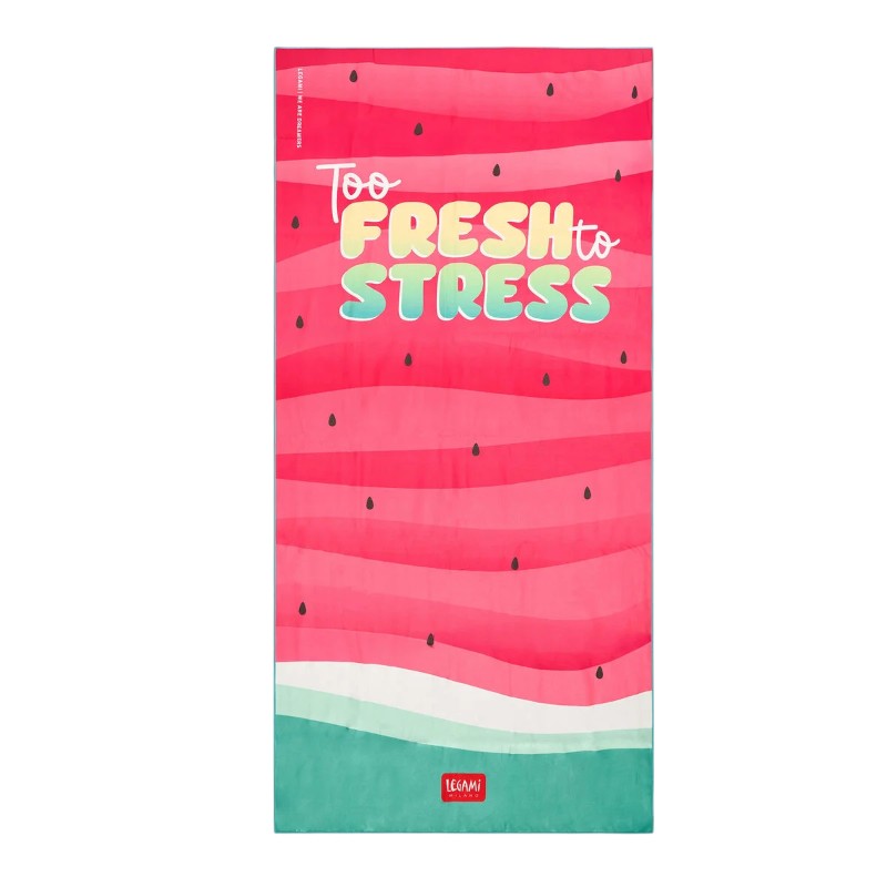 Telo mare Legami Watermelon 180x85cm: poliestere e poliammide asciugante, 331g, design anguria Too Fresh to Stress. Il telo spiaggia più fresco dell'estate!
