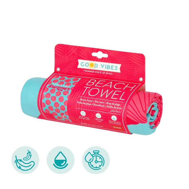 Telo mare Legami Feels Like Summer 180x85cm: poliestere asciugante, 331g, design conchiglie fucsia su azzurro. Coordinato con pochette. Scoprilo su Viano Shop!
