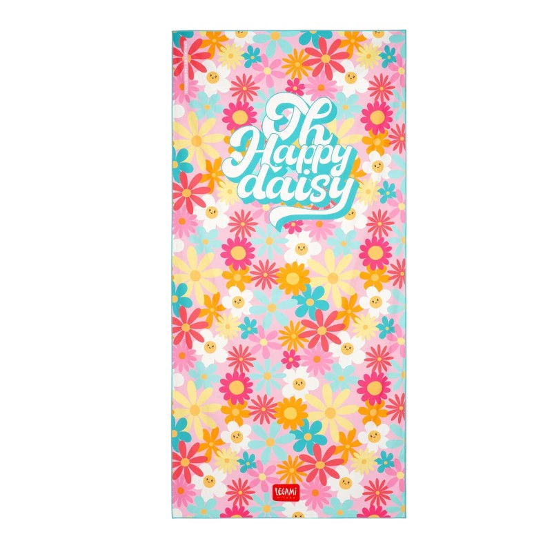 Telo mare Legami Oh Happy Daisy 180x85cm: poliestere asciugante, 331g, design margherite kawaii multicolor su sfondo rosa. Il telo spiaggia più fiorito dell'estate!
