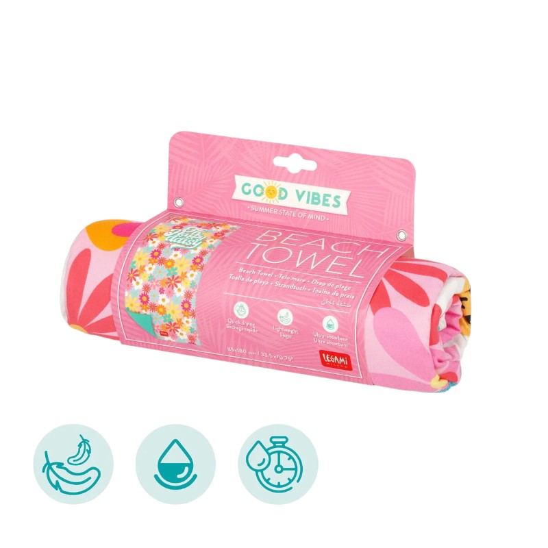 Telo mare Legami Oh Happy Daisy 180x85cm: poliestere asciugante, 331g, design margherite kawaii multicolor su sfondo rosa. Il telo spiaggia più fiorito dell'estate!

