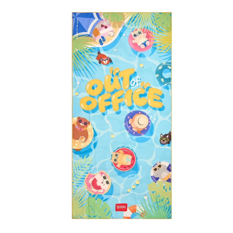 Telo mare Legami Out of Office 180x85cm: poliestere e poliammide asciugante, 331g, design kawaii animaletti in piscina. Il telo spiaggia più divertente!
