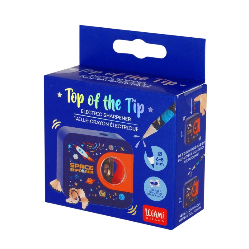 Temperamatite elettrico Legami Top of the Tip Space Explorer — lama tungsteno, matite 6-8 mm, design spazio blu notte. Regalo originale per bambini.