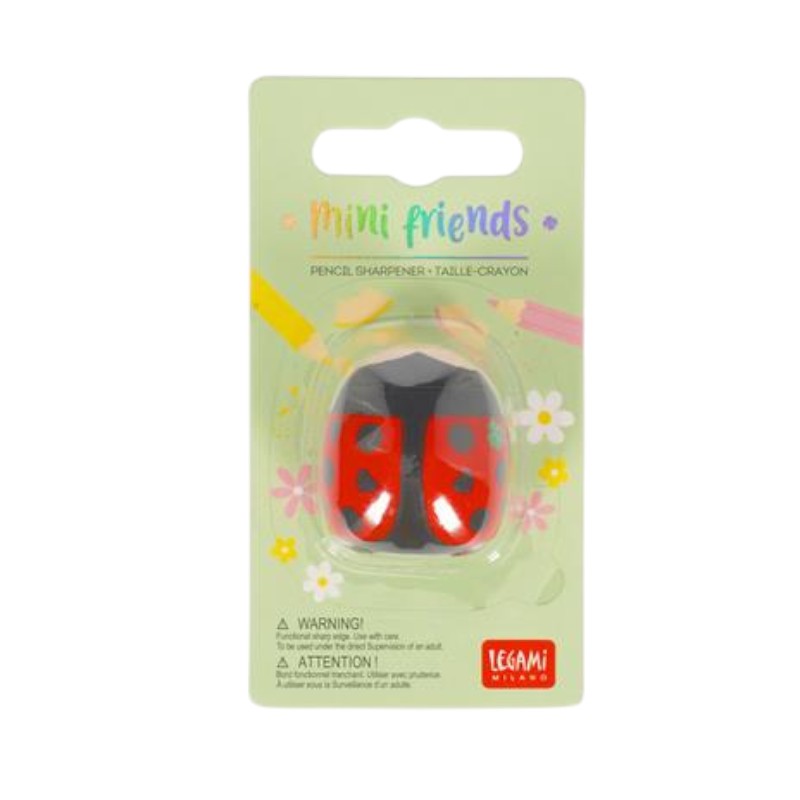 Temperino coccinella Legami Mini Friends — design 3D rosso e nero, lama affilata, formato mini. Pensierino kawaii originale per la scuola.